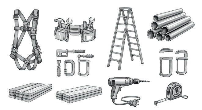 Set of hand drawn construction tools and equipment for builders and diy projects