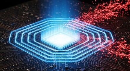 Advanced technology concept with glowing core and particle effect on chip