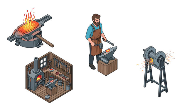 Isometric blacksmith workshop tools, furnace, anvil, and grinder with artisan - Powered by Adobe