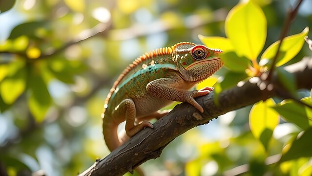 moloch. Chameleon on a tree branch mid-color change, blending with green leaves. wildlife magazines, conservation campaigns, designed for eco-tourism storytelling, used by customer success managers.