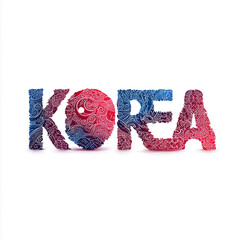 typography of the word KOREA, filled with traditional Korean patterns inspired by the Taegeuk symbol and four trigrams from the Korean flag, modern minimalist design, vivid red and blue gradient, eleg