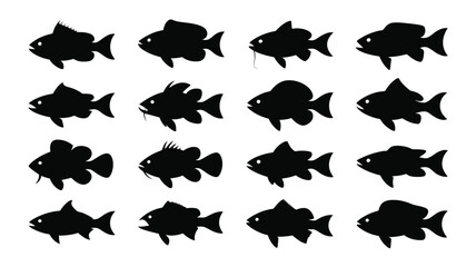 Set of 16 diverse fish silhouettes vector art scalable eps illustration vector