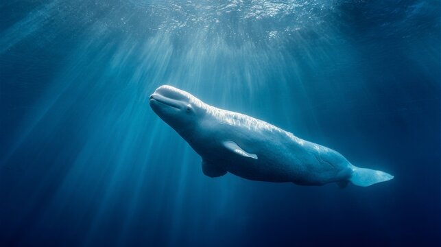Beluga whale underwater sunlight