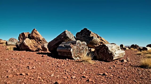 Close up of a petrified log with a cross section revealing intricate mineral patterns outdoors