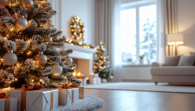 Warm and cozy Christmas living room with decorated tree and fireplace - Powered by Adobe