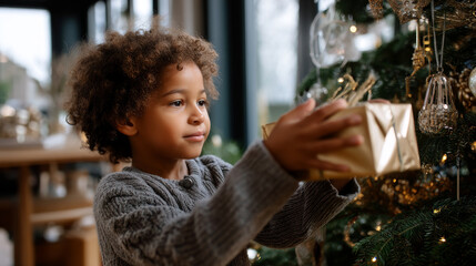 A cute little child in a warm sweater and pajamas decorates the Christmas tree in the living room. Merry Christmas and a Happy New Year! Warm and cozy holiday winter evening.