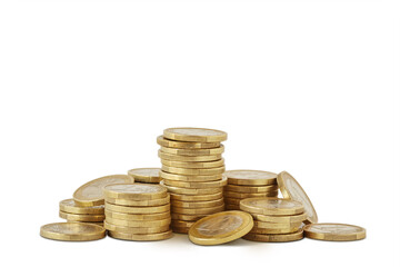 Piles of euro coins on white background