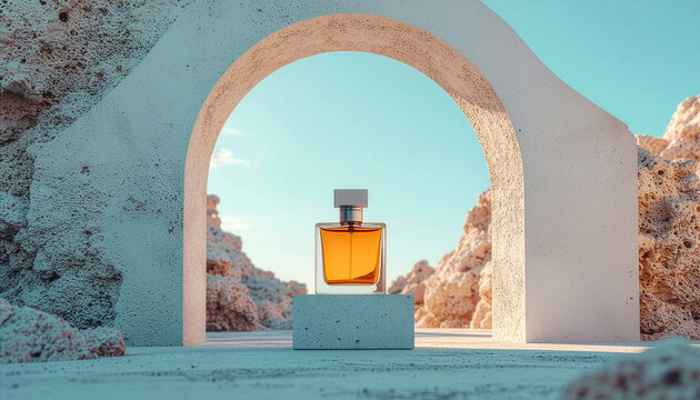 Minimalist amber perfume bottle under a stone arch - Powered by Adobe