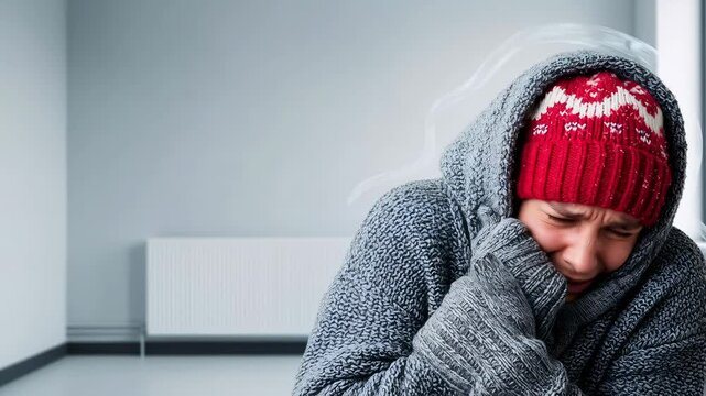 Man suffering from cold in home with faulty heating system, experiencing hypothermia symptoms and shivering in low temperature.