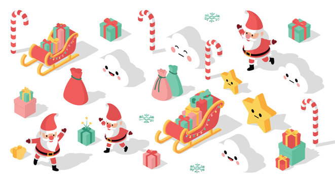 Festive santa claus isometric christmas scene with gifts, sleigh, and candy canes