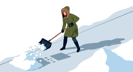 Fototapeta premium Winter cleanup scene with person shoveling snow on sidewalk in isometric style