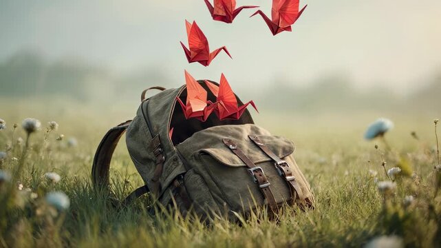 Origami cranes flying out of a backpack lying in a grassy meadow at sunrise.
