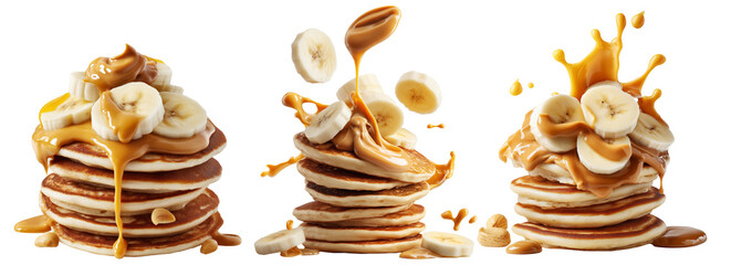 Stack of pancakes topped with banana slices and peanut butter splash isolated on white transparent background