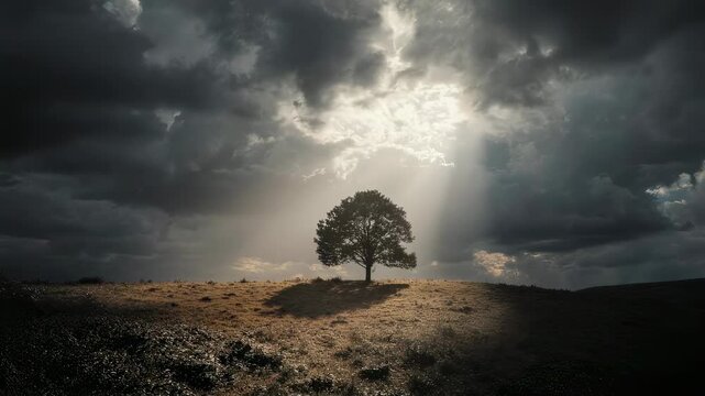 A single tree illuminated by a beam of sunlight breaking through heavy storm clouds on a lonely hill.
