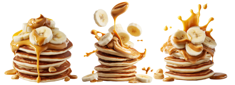 Stack of pancakes topped with banana slices and peanut butter splash isolated on white transparent background