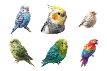 Colorful parrots birds species set