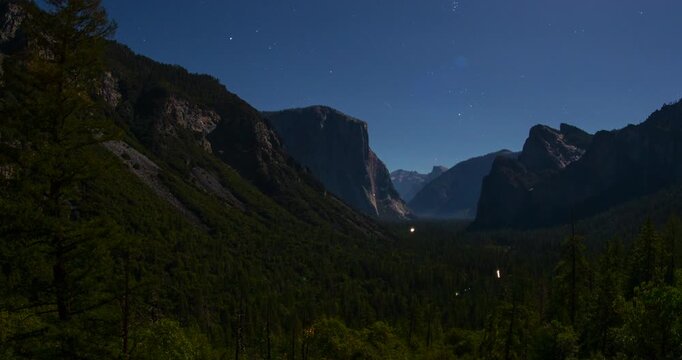 Yosemite Valley Night Sky Moonlit Tunnel View El Capitan Timelapse 4K