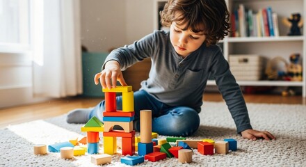 Fototapeta premium Child playing with wooden building blocks educational toys at home floor