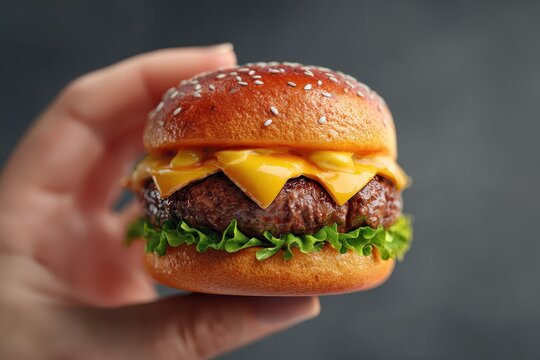 Hand holding a fresh cheeseburger with melted cheese, lettuce, and sesame seed bun showcasing culinary appeal in a close-up view