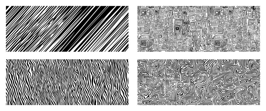 Set of 4 abstract line patterns diagonal stripes maze squares wavy contour textures vector background