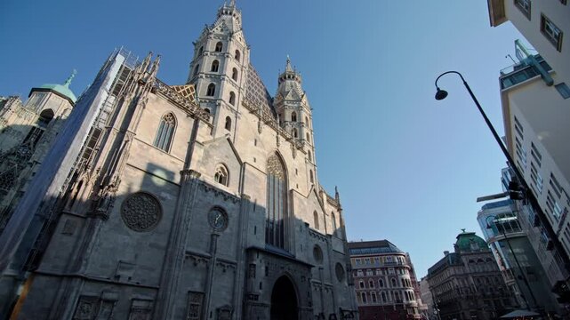 Beautiful architecture of Stephens Cathedral in Vienna Austria. Historical ancient part of the capital, walking in the European city.