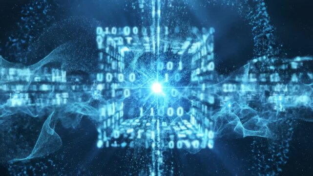 Abstract Binary Data Code Forms Digital Cube Flowing, Blue Shine