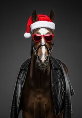 Fototapeta premium Cool horse in Santa hat and sunglasses, wearing a leather jacket