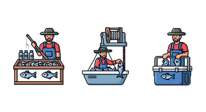 Pixel art fishing scenes fisherman catching, weighing, packaging fish in three panels