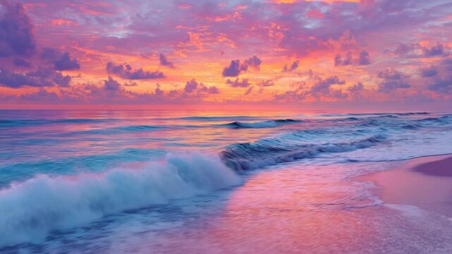 A vibrant beach sunset with clouds, waves, and a serene color palette