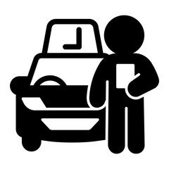 Obraz premium Instructor and car solid icon, learners permit concept. Vector graphics. Man driving vehicle sign on white background, style icon mobile or web design.