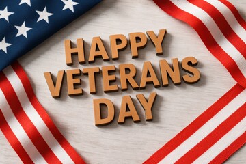 Happy Veterans Day message crafted from golden textured letters, artfully composed with an American flag, symbolizing national pride and veteran gratitude