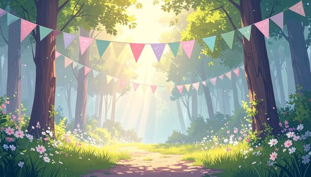 優しい光が差し込む森とカラフルなガーランドのイラスト　AI生成素材