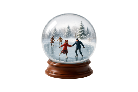 Couple Ice Skating in Snow Globe Isolated on Transparent Background