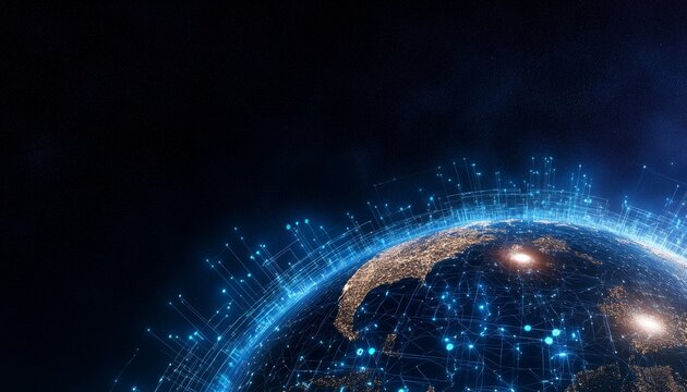A Stunning Aerial View of Earth at Night Highlighting Global Connectivity Through Digital Networks - Powered by Adobe