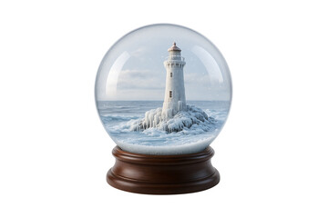 Winter Lighthouse in Glass Snow Globe Isolated on Transparent Background