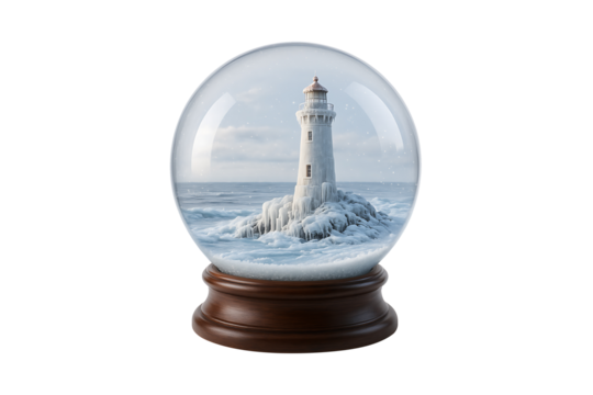 Winter Lighthouse in Glass Snow Globe Isolated on Transparent Background - Powered by Adobe
