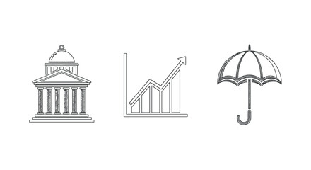 Fototapeta premium Linear icons of government building, growth chart, and umbrella on white background