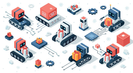 Obraz premium Festive robot delivery isometric robots with gifts and winter elements