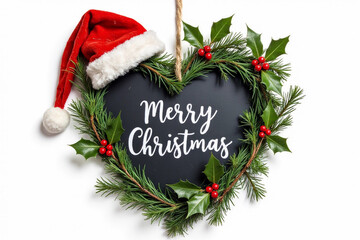 Christmas heart shape wreath with santa hat, winter holly, fir. Traditional romantic symbol for the festive holiday season. Chalkboard on white background.