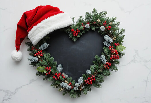 Christmas heart shape wreath with santa hat, winter holly, fir. Traditional romantic symbol for the festive holiday season. Chalkboard on white background.