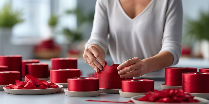 Female hands wrapping red ribbon spools in crafting workspace