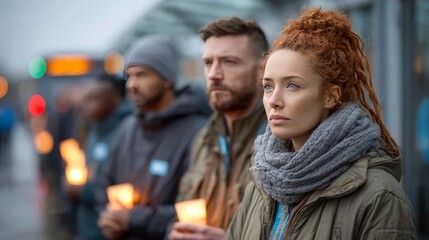 Obraz premium Group of diverse adults holding candles in peaceful outdoor vigil on overcast day