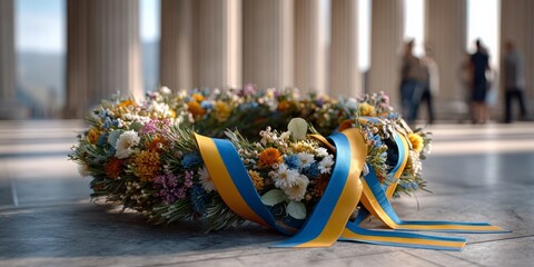 Floral wreath with blue and yellow ribbons in sunlit courtyard