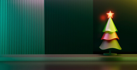 3d rendering modern christmas tree with glowing star on display