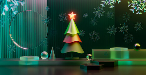 3d rendering glowing abstract christmas tree with winter holiday background