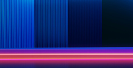 3d rendering neon light stage with blue textured background