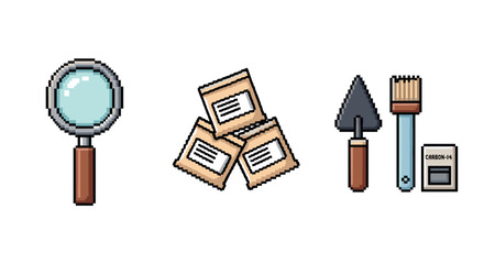 Pixel art archaeology tools magnifying glass, artifact bags, brush, trowel, notebook