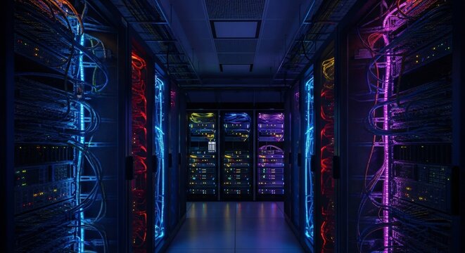Illuminated server room data center hosting network technology infrastructure