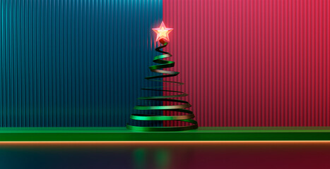 3d rendering abstract spiral christmas tree glowing with star accent