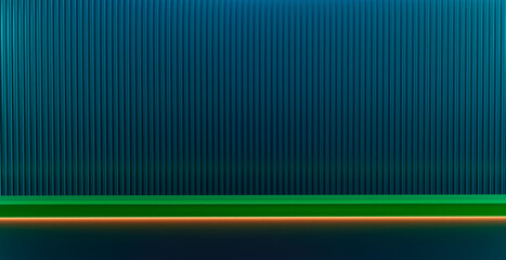 3d rendering empty green podium with blue ribbed background texture